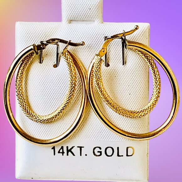 14K Yellow Gold Earrings Duble Hoops Italy 2.2 grams Leverback New - Picture 5 of 15